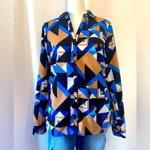 Women's Art Deco Bohemian Maximalist V-Neck Button Front Blouse XS Office Siren